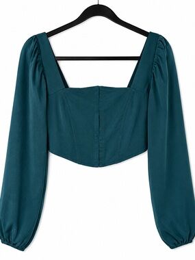Urban Outfitters Teal Grn Corset Crop Top Long Puff Sleeve Square Neck Blouse M